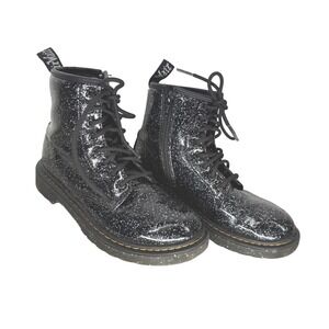 Kids Dr Martens Boots Black Glitter Patent Leather Lace Up Zip Size 1Y Grunge